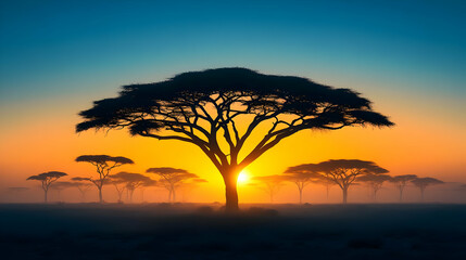 Fototapeta premium Silhouetted Acacia Trees at Sunrise on the African Savannah