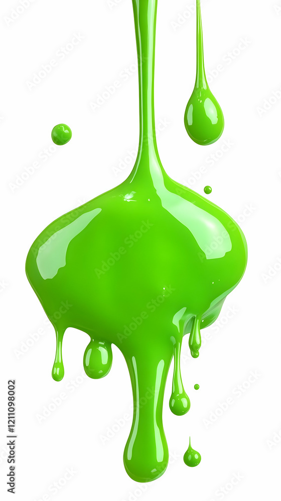 Poster viscous green liquid flows and drips dynamically on a white background