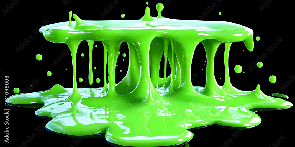 Poster viscous green liquid flows and drips dynamically on a black background