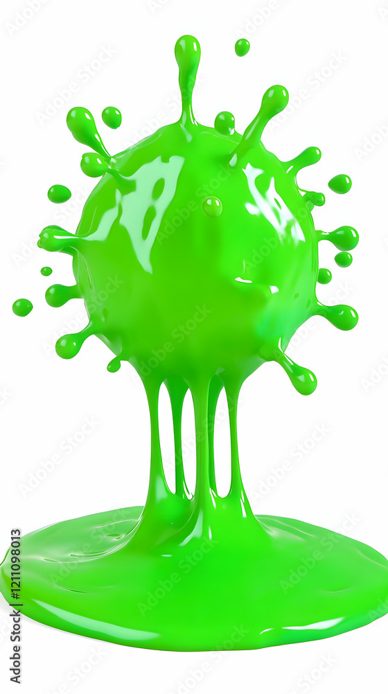 Poster a 3d rendering of a vibrant green splash with dripping goo playfully isolated on a white background.