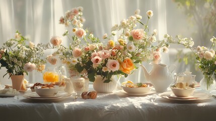Fototapeta premium A table set for brunch, decorated with fresh flowers and a soft tablecloth