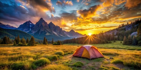 Obraz premium Majestic Sunrise Mountain Tent Camping HDR Photography - Breathtaking Views, Epic Landscape
