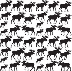 set of black moose silhouettes isolated on a white background.