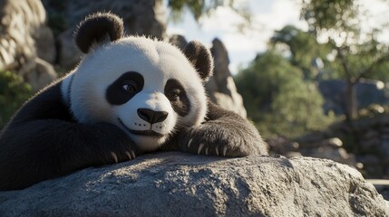 Panda Bear Rests on Rock Serene Day