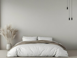 Minimalist Bedroom Interior has White Bedding, a Plant, and Hanging Lamps Complementing Softly Lit Space.