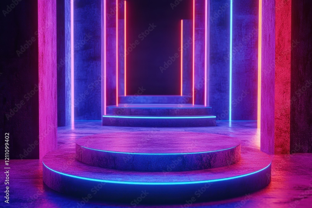 Poster neon-lit circular platforms in a dark, textured space. ideal for showcasing products or creating vib