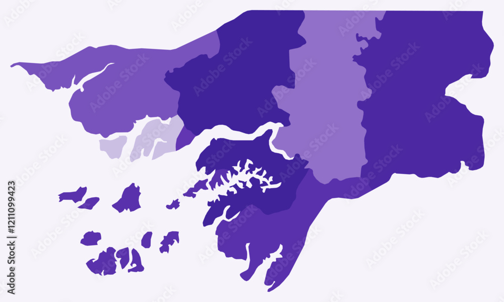 Poster map of guinea-bissau with regions. just a simple country border map with region division. deep purpl