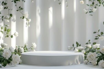 Elegant White Floral Display on Simple Round Platform with Greenery