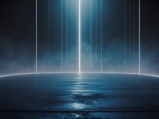 Obraz premium Futuristic scene with glowing vertical light beams piercing through a dark, foggy atmosphere, creating a mysterious ambiance.