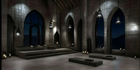 Obraz premium Dark Gothic Interior Design Showcases Arched Windows, Stone Walls, and Hanging Lamps Illuminating the Space at Night.