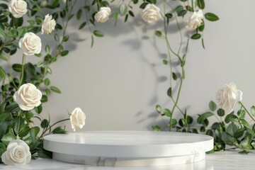 Elegant White Roses with Green Leaves on a Minimalist Display Surface