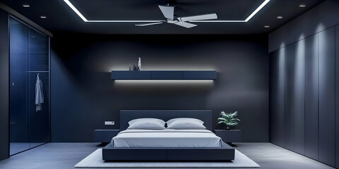 Modern Minimalist Dark Bedroom Interior Design Shows a Comfortable Bed, Ceiling Fan, and Wardrobe