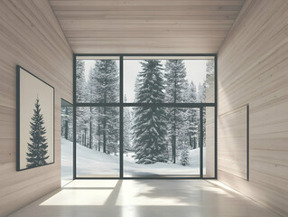 Obraz premium Modern Wooden Cabin Interior Showcases Snowy Forest View Through Large Windows in Winter.