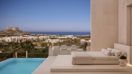 Modern Minimalist Bedroom Design Overlooks Infinity Pool and Ocean View at Dusk
