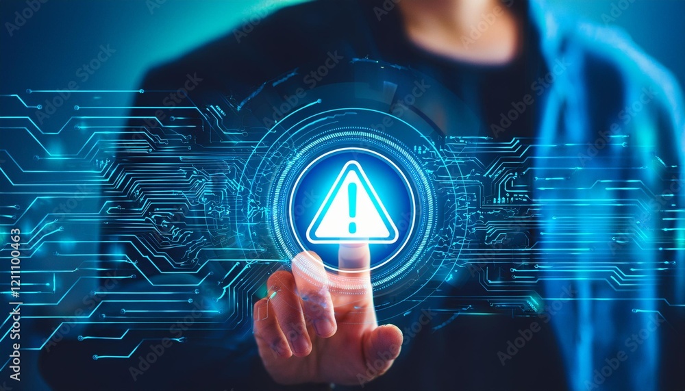 Poster warning alert icon with a hacked system. malicious software, virus, spyware, malware, or cyberattack