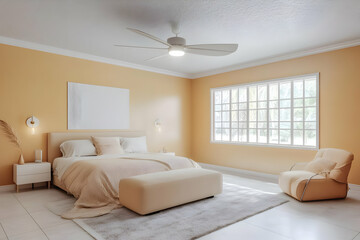 Fototapeta premium Cozy Bedroom Interior Design in Peach Tones with Modern Furnishings and Ample Natural Light