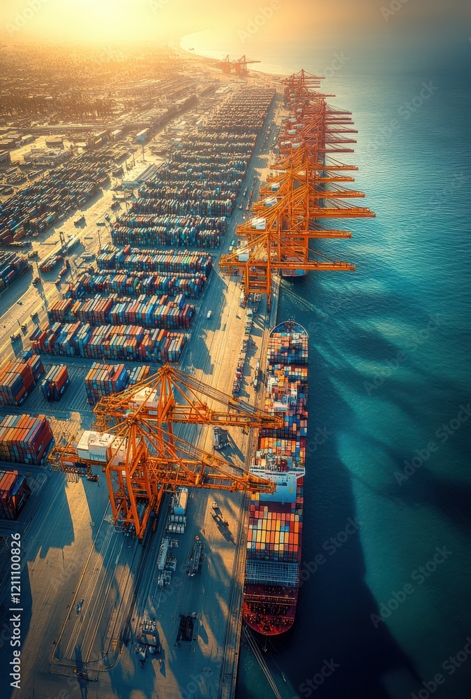 Poster aerial view of busy container port at sunset showcasing crane operations overlooked by rows of color