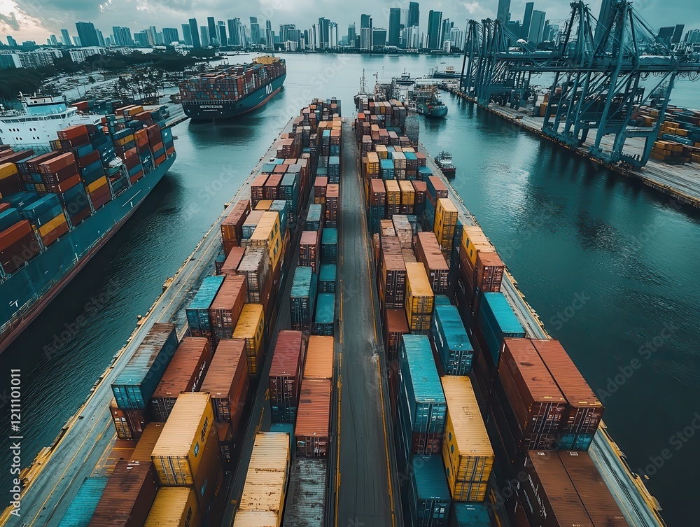 Poster aerial view of busy container port with cargo ships and stacked colorful shipping containers under d
