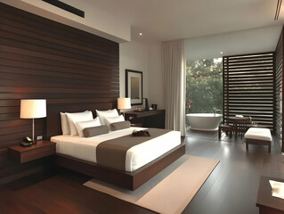 Fototapeta premium Modern Hotel Room Interior Design Showcases a Luxurious and Comfortable Ambiance with Scenic Views.