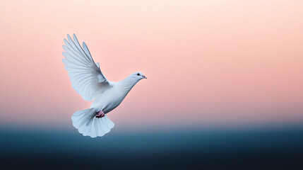 Obraz premium Graceful white dove in flight against a soft pastel background.