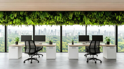 Fototapeta premium Modern Office Interior Design Showcases Lush Greenery and City Views Creates Tranquil Workspace.