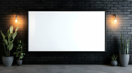 Blank Frame Mockup on Black Brick Wall with Plants and Lamps Creates a Modern Interior Design.