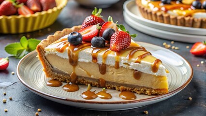 A delightful slice of creamy caramel cheesecake, adorned with fresh berries and a rich caramel drizzle, served on an elegant plate