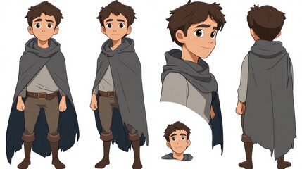 Boy, cloak, character, design, sheet, fantasy, illustration, animation, game, asset