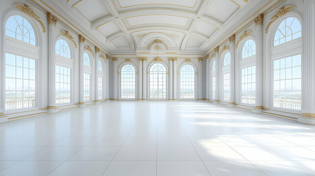 Luxurious White Ballroom with Arched Windows and Golden Accents Creates a Grand and Elegant Space for Events.