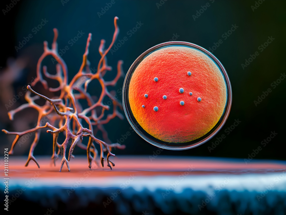 Poster 3d render of a cell with dendrites, showing cellular interaction with scientific accuracy