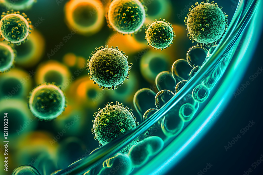 Poster microscopic view of viruses attacking a cell's membrane with detailed structures.