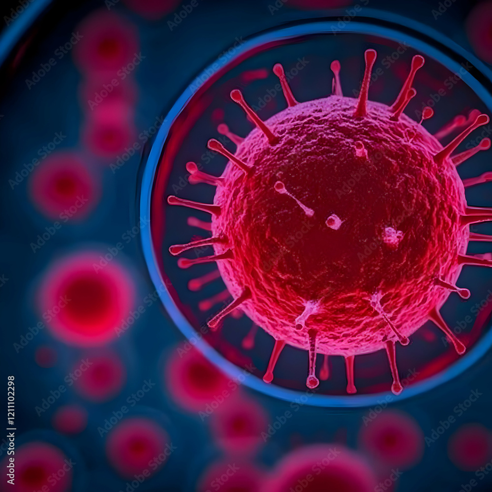Poster 3d rendered virus cell in microscopic view with blurred background and detailed surface texture.