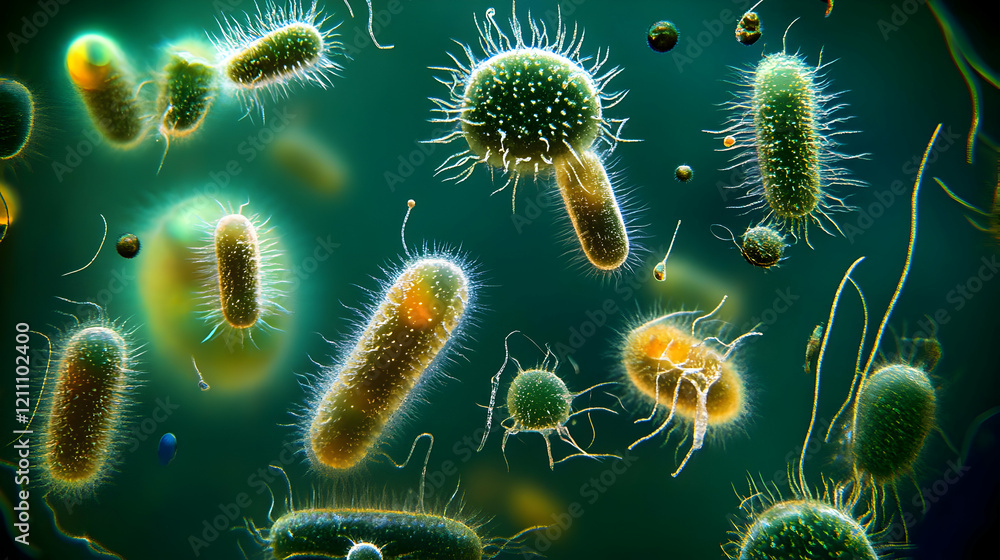 Poster microscopic view of diverse bacteria floating and interacting in a dark environment.