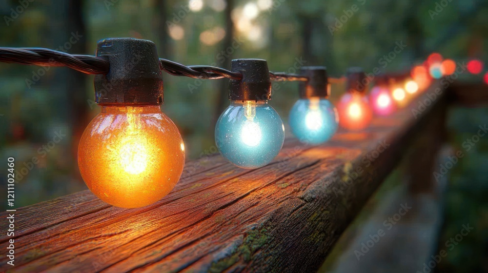 Poster enchanted forest path illuminated by colorful string lights