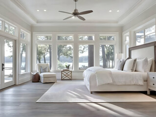 Fototapeta premium Bright, Airy Bedroom Interior Boasts Large Windows Overlooking a Tranquil Lake View, Serene and Inviting.