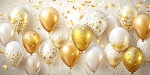 A celebratory array of gleaming gold and ivory balloons, adorned with shimmering confetti and stars, floats amidst a shower of golden ribbons, creating a festive and elegant atmosphere.