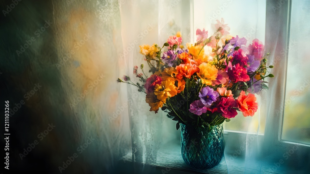 Poster a colorful bouquet of mixed flowers with soft light filtering through a window
