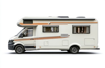 Ultra-realistic photography of a white camper van on wheels, isolated against a white background.