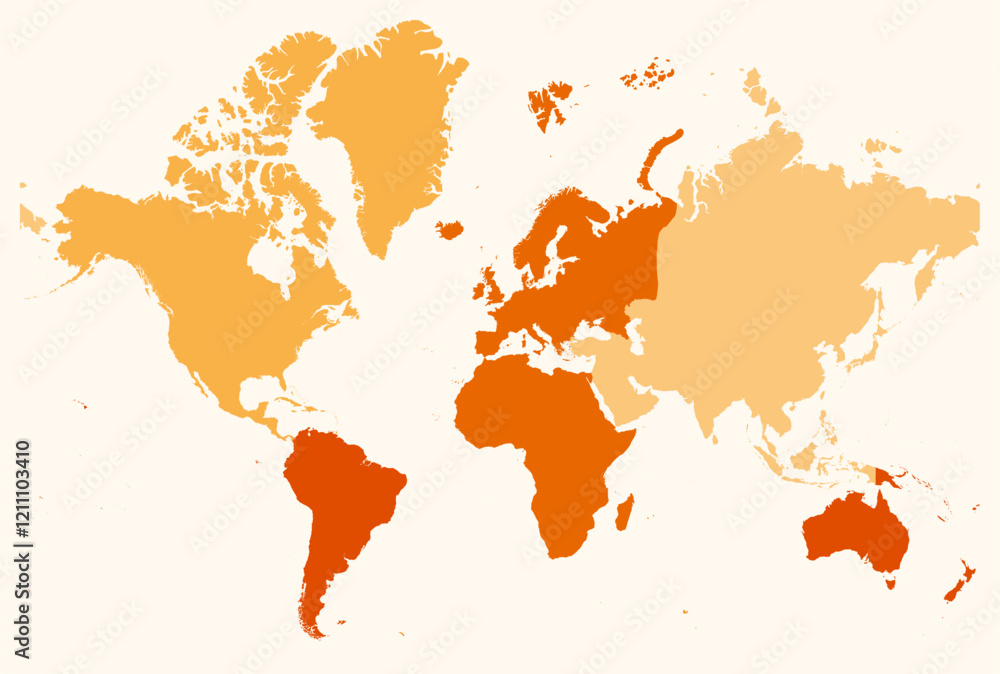 Poster map of the world with continents. just a simple border map with continent division. orange color pal