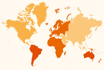 Map of the World with continents. Just a simple border map with continent division. Orange color palette. Blank shape with administrative division. Vector illustration.