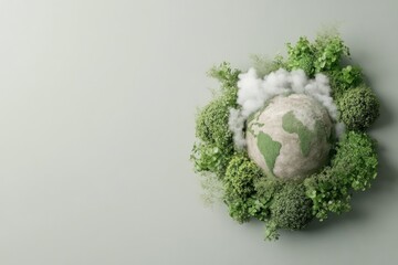 Greenhouse Gases and Resourceful concept, Earth surrounded by greenery and clouds, symbolizing nature and sustainability.