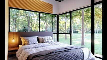 Modern Bedroom Interior Design Showcases Nature Views Through Large Windows with Natural Light Accents.