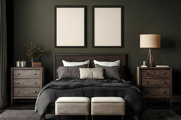 Dark and Moody Bedroom Interior with Two Blank Frame Mockups and Wooden Furniture in a Modern Style