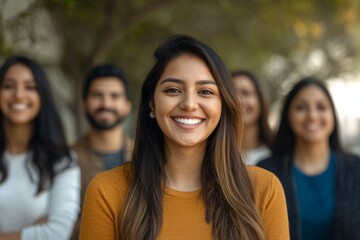 A young South Asian woman and her diverse colleagues smiling, Generative AI
