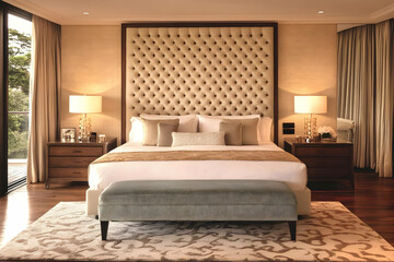Elegant Bedroom Interior Design Showcases a Luxurious Bed with Tufted Headboard