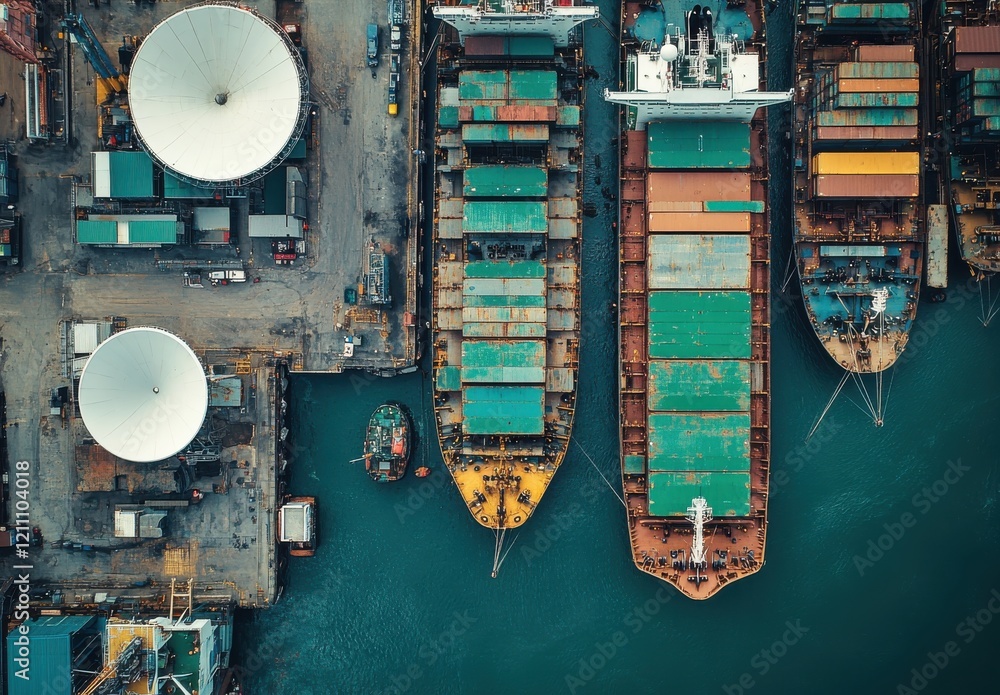 Poster aerial view of cargo ships at port with colorful containers and industrial structures surrounded by 