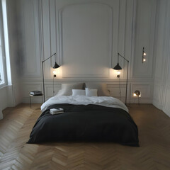 Minimalist Bedroom Interior Design with Black Comforter and Chevron Wood Floor