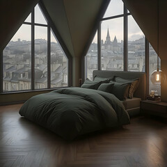 Fototapeta premium Modern Bedroom Interior Design Showcases a Cozy Bed with City View from Angled Windows