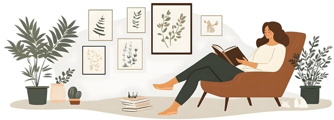 A cozy living room scene with a mother relaxing in a chair, reading a book, surrounded by family photos and plants