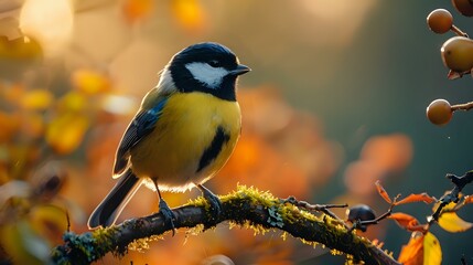 Obraz premium Beautiful great tit perched on mossy branch in autumn garden setting with golden bokeh background and fall foliage, perfect for nature photography and seasonal designs.